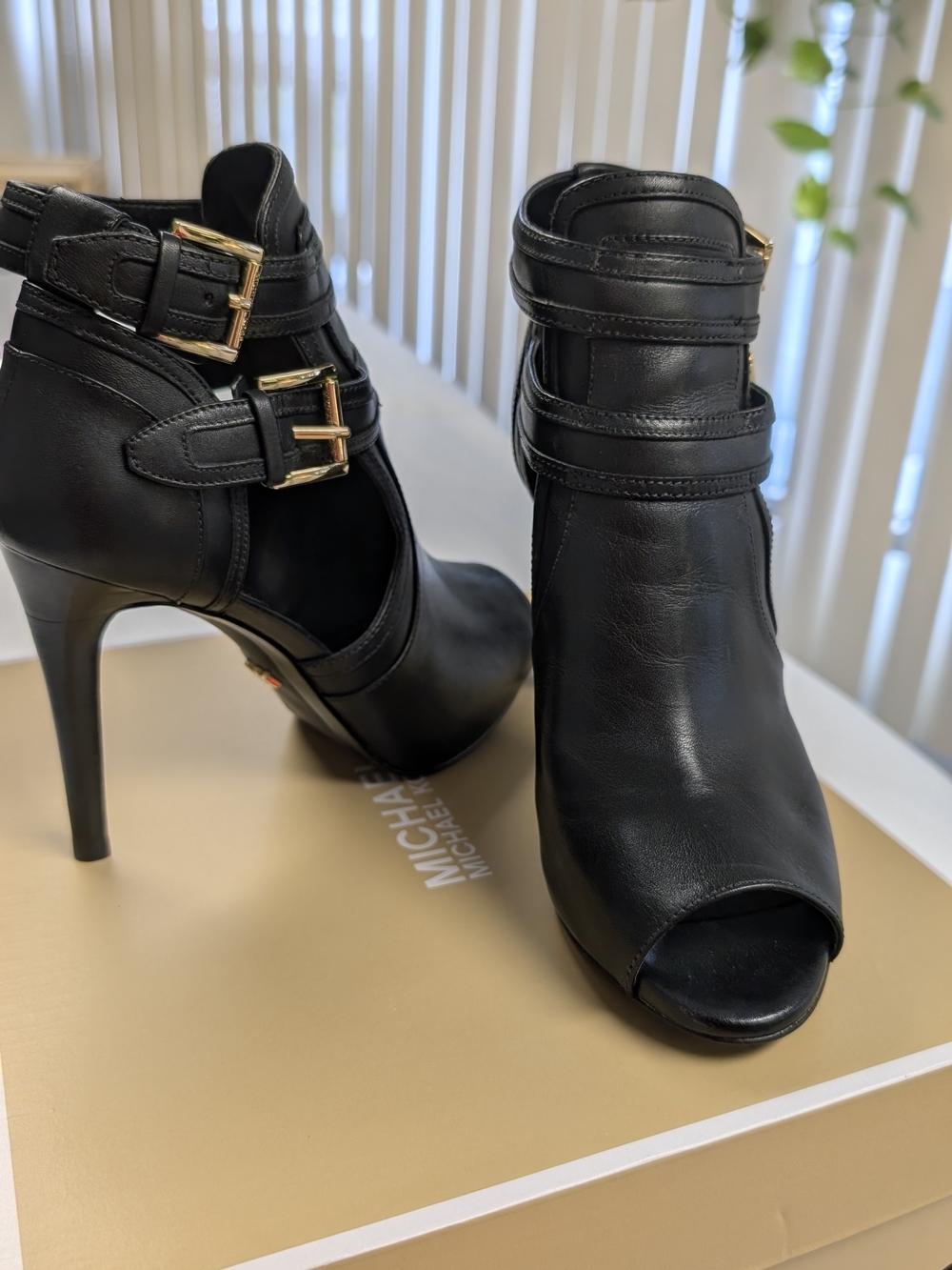 Michael Kors Black Leather Peep-Toe Ankle Booties/ Heel with Gold Buckles